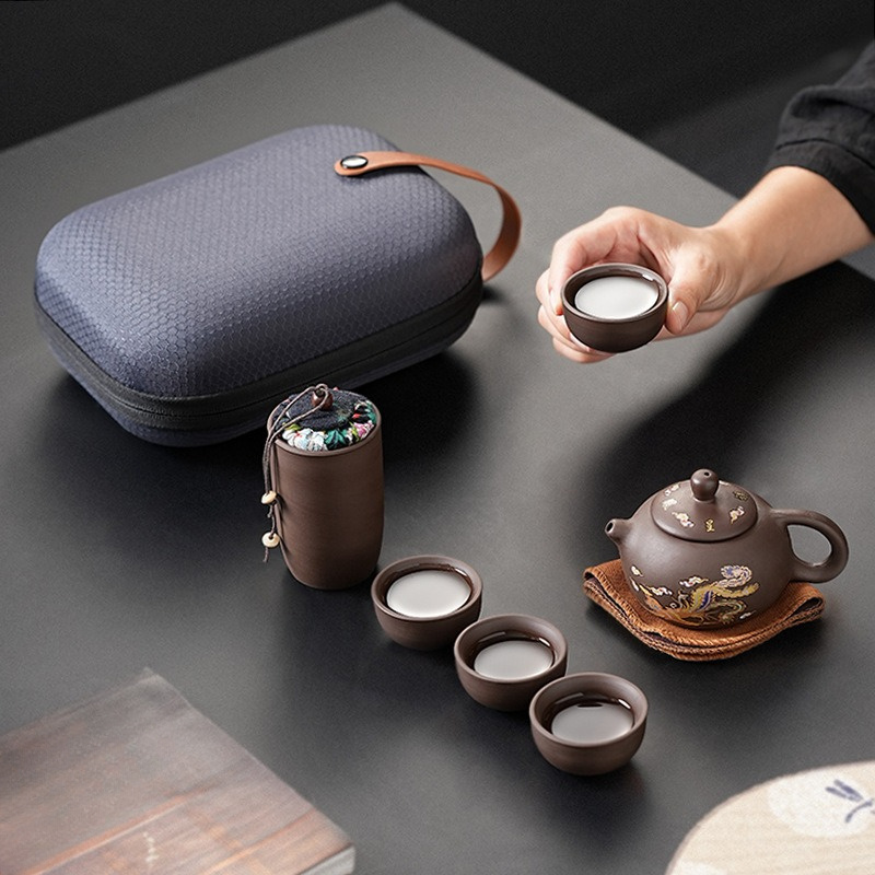 Korean Tea Set - 紫砂茶器セット（ポット1個、カップ4個付き）携帯用屋外収納クイックカップカンフースタイル小型ギフトセット
