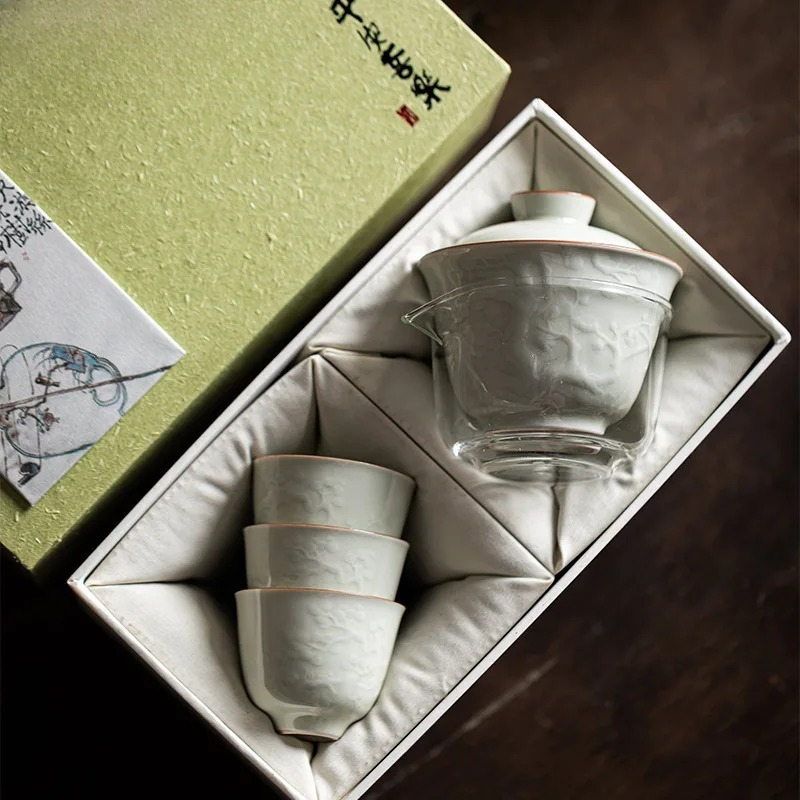 Korean Tea Set - ブティック手作りレリーフカバーボウルセット家庭用冬の三友茶セット美的茶道セットカフェコレクション