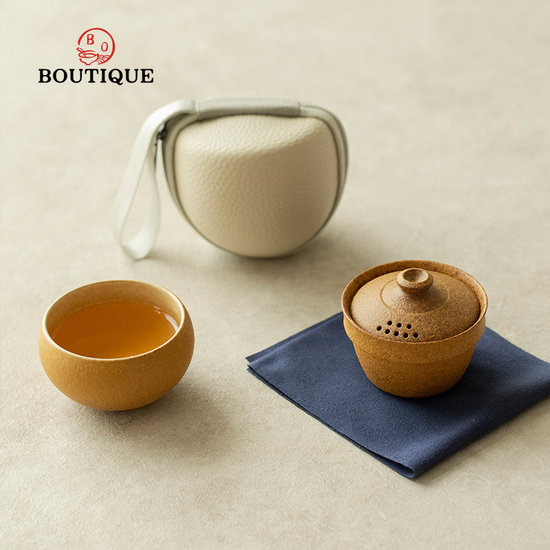 Korean Tea Set - 粗陶旅行茶器セット 携帯茶碗 ミニセラミックカップセット アウトドアカンフー茶器セット プーアル茶ギフトツール カバーボウル