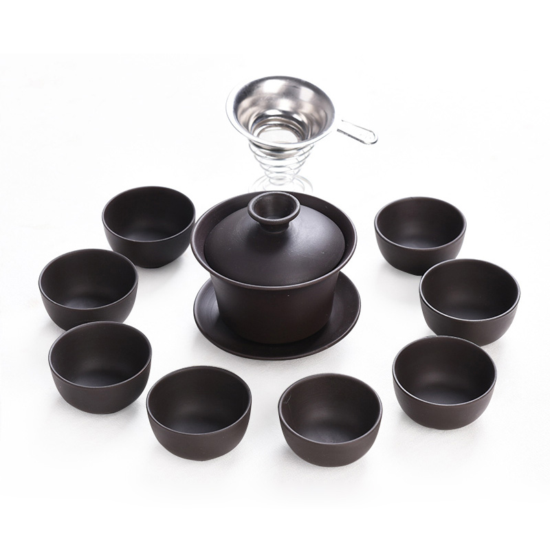 Korean Tea Set - Kung fu-手作りの茶漉し,10個,1ポット,8カップ,セラミック,ゲイワン,チャイニーズドリンクウェア,yixingティーポット,紫,粘土