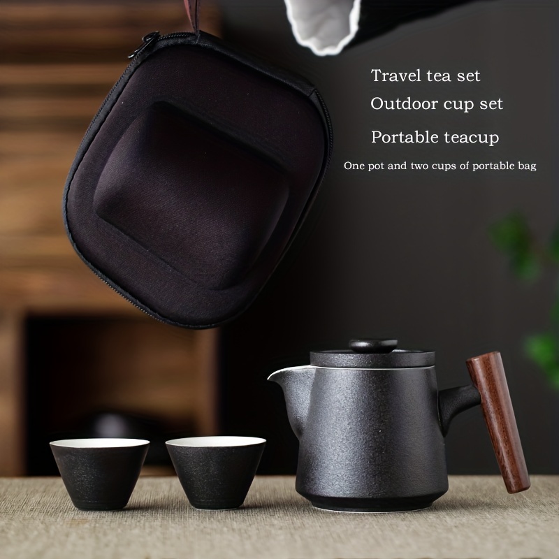 Korean Tea Set - 精巧な陶磁器製3ピース旅行用茶器セット、クイックカップ、1ポット2カップ、大型携帯用フラワーティーポット（屋外用）